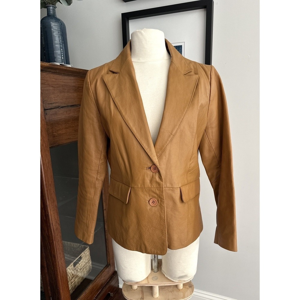 Vintage Bagatelle Womens 100% Leather Blazer Tan Camel 2 Button Size 10P